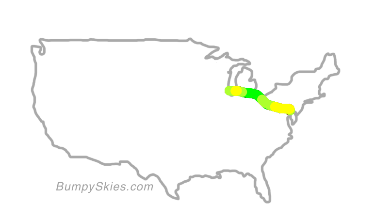 Map of continental US with illustrated flight path and turbulence forecast (described in text below)