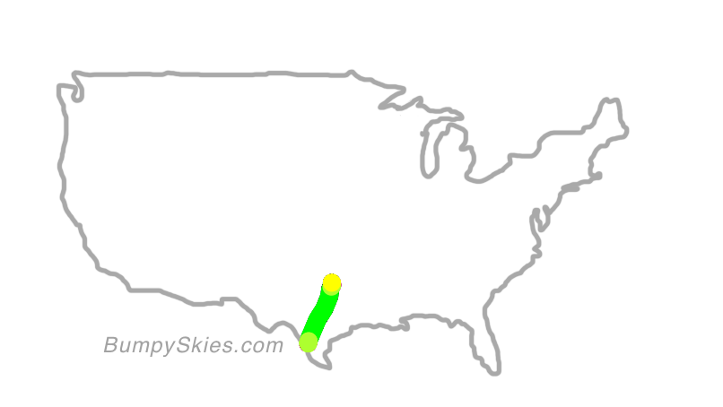 Map of continental US with illustrated flight path and turbulence forecast (described in text below)