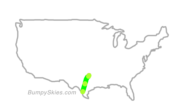 Map of continental US with illustrated flight path and turbulence forecast (described in text below)
