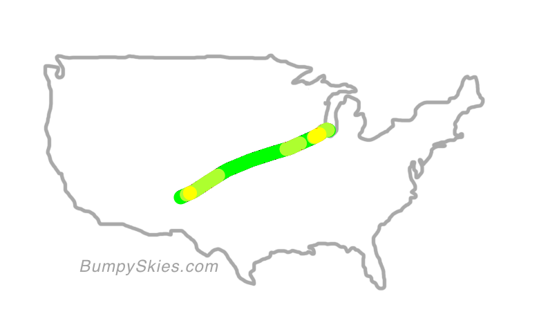 Map of continental US with illustrated flight path and turbulence forecast (described in text below)