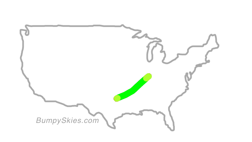 Map of continental US with illustrated flight path and turbulence forecast (described in text below)