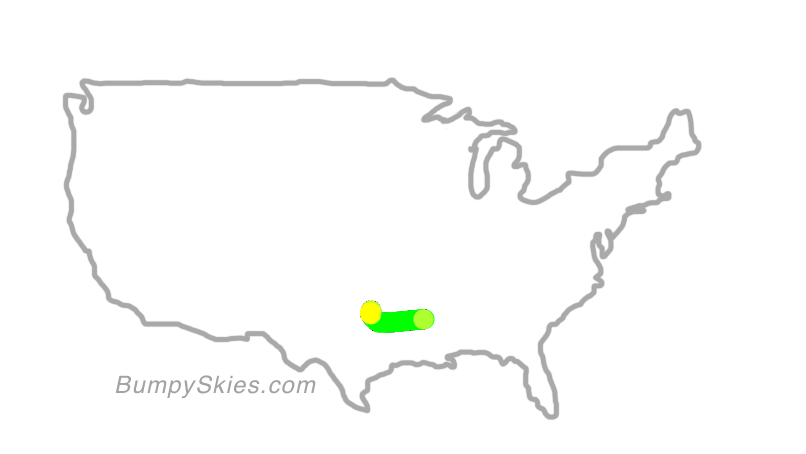 Map of continental US with illustrated flight path and turbulence forecast (described in text below)