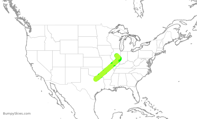 Turbulence forecast map for ENY3532, BMI to DFW