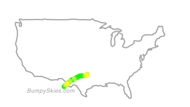 Map of continental US with illustrated flight path and turbulence forecast (described in text below)