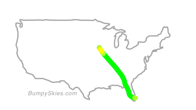 Map of continental US with illustrated flight path and turbulence forecast (described in text below)