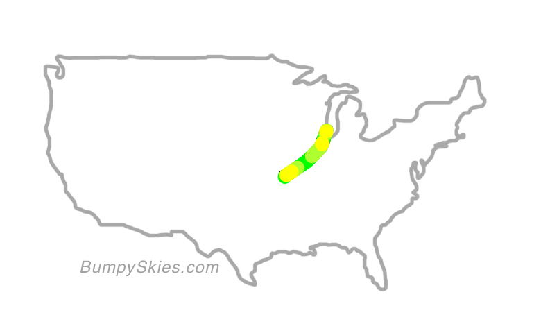 Map of continental US with illustrated flight path and turbulence forecast (described in text below)