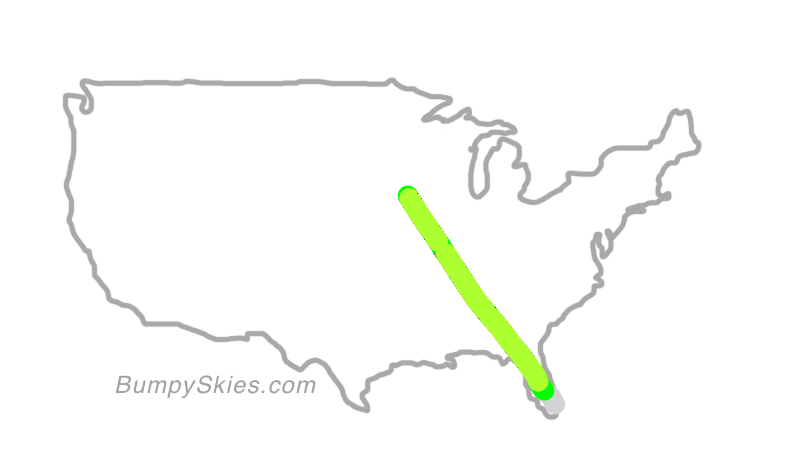 Map of continental US with illustrated flight path and turbulence forecast (described in text below)