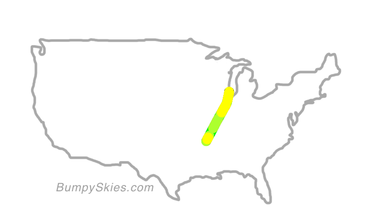 Map of continental US with illustrated flight path and turbulence forecast (described in text below)