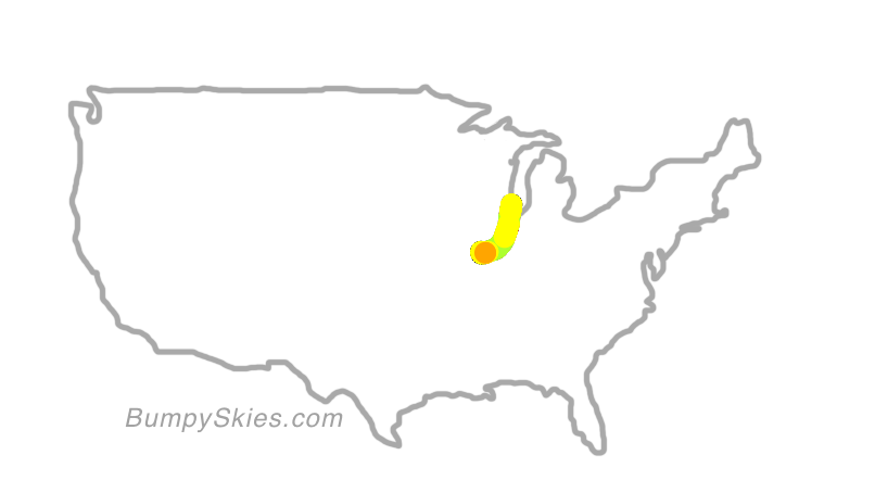 Map of continental US with illustrated flight path and turbulence forecast (described in text below)