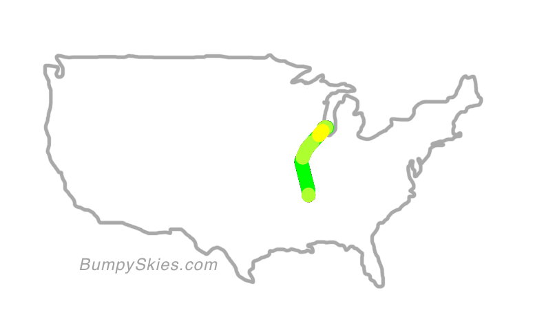 Map of continental US with illustrated flight path and turbulence forecast (described in text below)