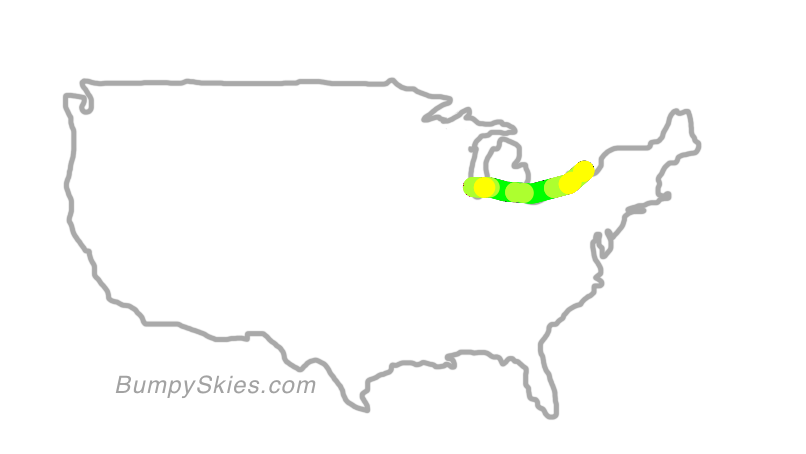 Map of continental US with illustrated flight path and turbulence forecast (described in text below)