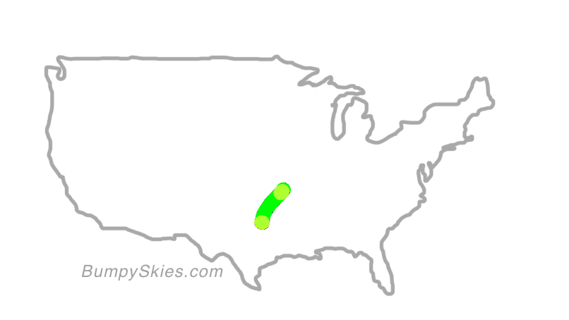 Map of continental US with illustrated flight path and turbulence forecast (described in text below)