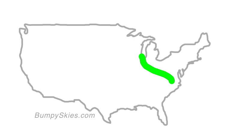 Map of continental US with illustrated flight path and turbulence forecast (described in text below)
