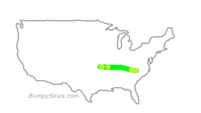 Map of continental US with illustrated flight path and turbulence forecast (described in text below)