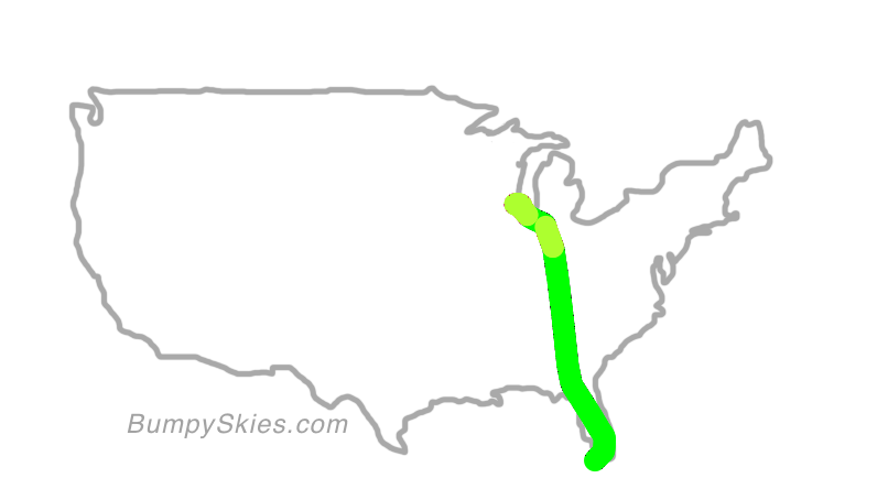 Map of continental US with illustrated flight path and turbulence forecast (described in text below)