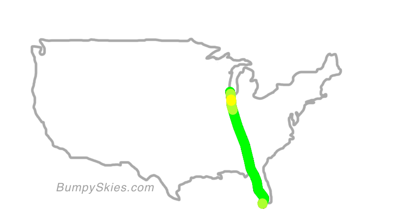 Map of continental US with illustrated flight path and turbulence forecast (described in text below)