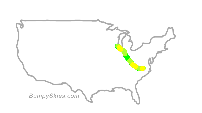 Map of continental US with illustrated flight path and turbulence forecast (described in text below)