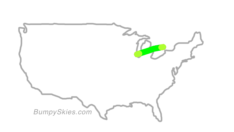 Map of continental US with illustrated flight path and turbulence forecast (described in text below)