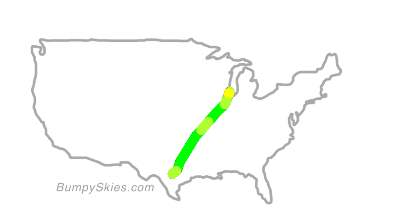 Map of continental US with illustrated flight path and turbulence forecast (described in text below)