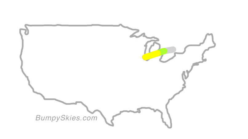 Map of continental US with illustrated flight path and turbulence forecast (described in text below)
