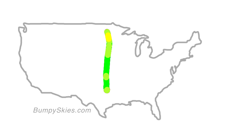 Map of continental US with illustrated flight path and turbulence forecast (described in text below)