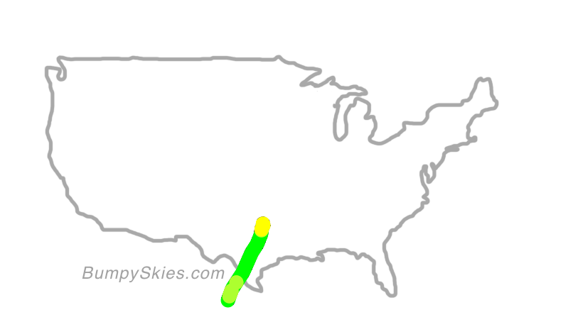 Map of continental US with illustrated flight path and turbulence forecast (described in text below)