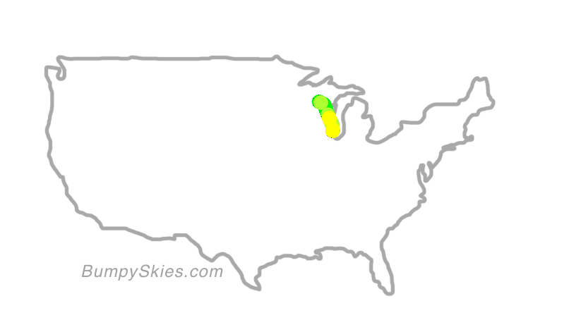 Map of continental US with illustrated flight path and turbulence forecast (described in text below)