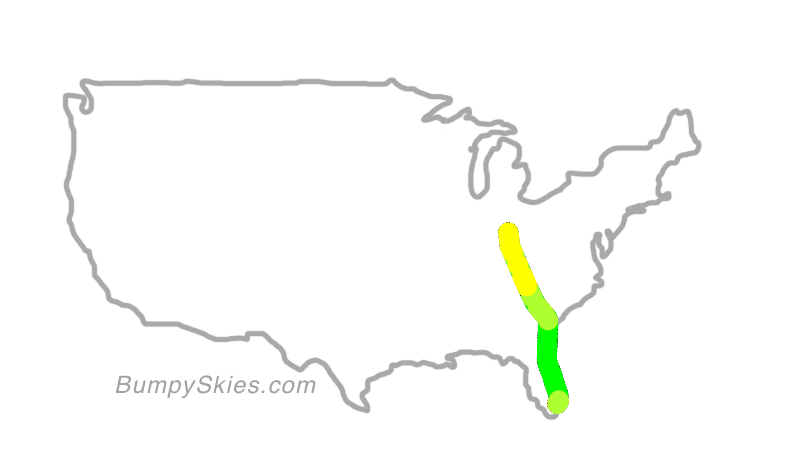 Map of continental US with illustrated flight path and turbulence forecast (described in text below)