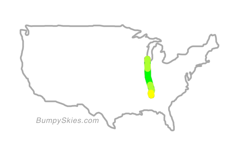 Map of continental US with illustrated flight path and turbulence forecast (described in text below)