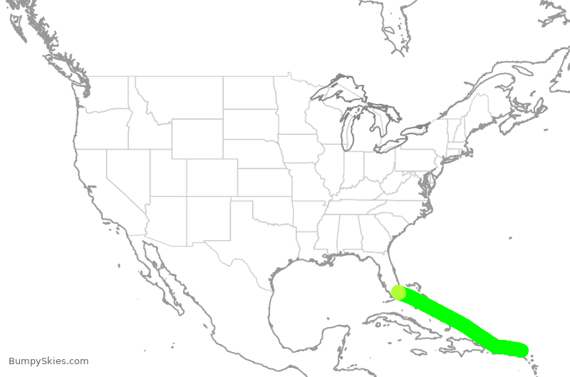 Turbulence forecast map for ENY3620, MIA to AXA