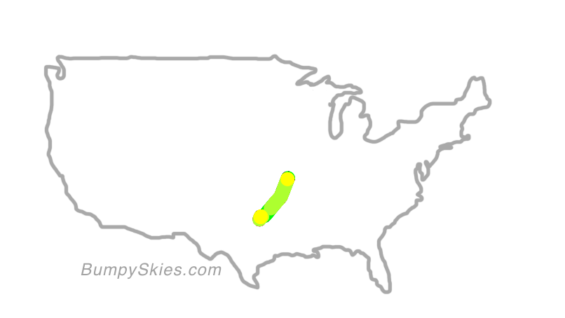 Map of continental US with illustrated flight path and turbulence forecast (described in text below)