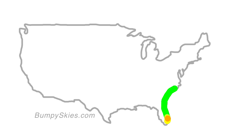 Map of continental US with illustrated flight path and turbulence forecast (described in text below)