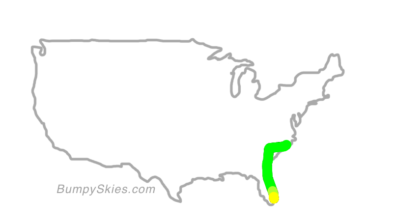Map of continental US with illustrated flight path and turbulence forecast (described in text below)