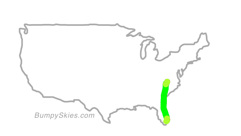 Map of continental US with illustrated flight path and turbulence forecast (described in text below)