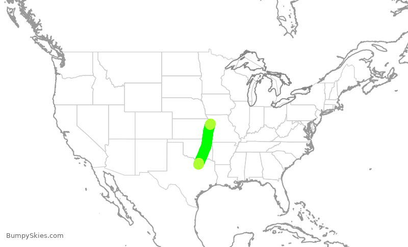 Turbulence forecast map for ENY3646, MCI to DFW