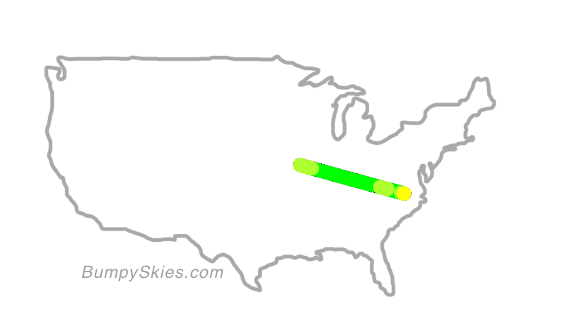 Map of continental US with illustrated flight path and turbulence forecast (described in text below)
