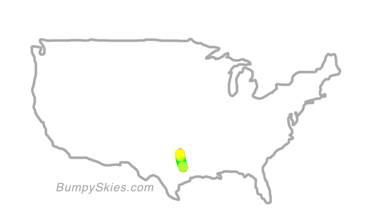 Map of continental US with illustrated flight path and turbulence forecast (described in text below)