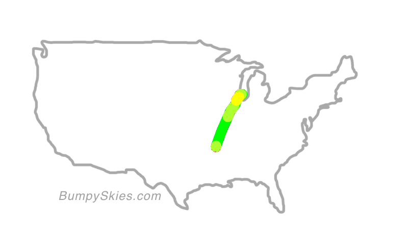 Map of continental US with illustrated flight path and turbulence forecast (described in text below)