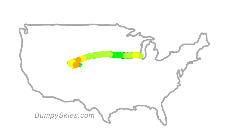 Map of continental US with illustrated flight path and turbulence forecast (described in text below)
