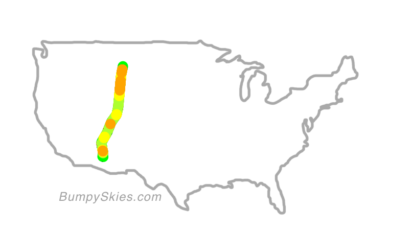 Map of continental US with illustrated flight path and turbulence forecast (described in text below)