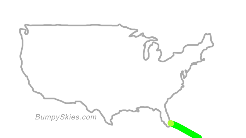 Map of continental US with illustrated flight path and turbulence forecast (described in text below)