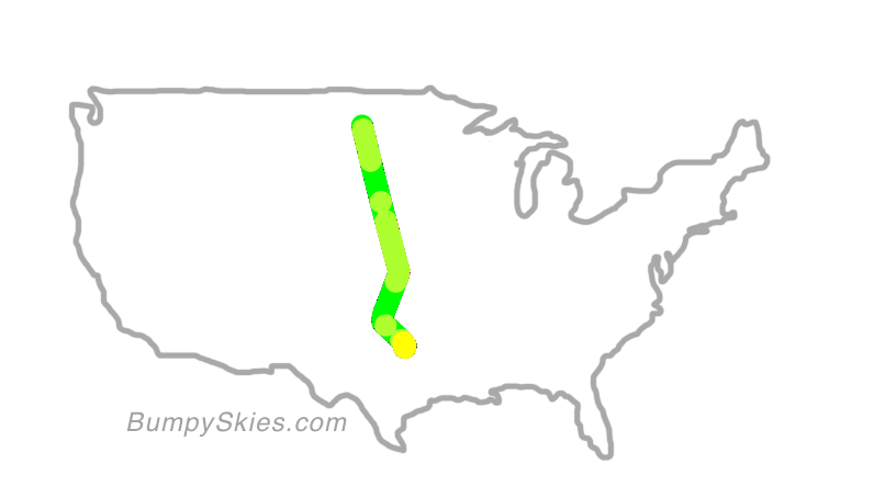 Map of continental US with illustrated flight path and turbulence forecast (described in text below)