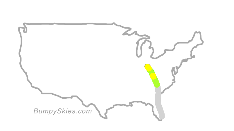 Map of continental US with illustrated flight path and turbulence forecast (described in text below)