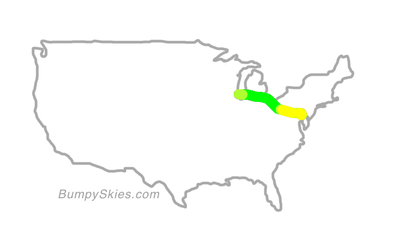 Map of continental US with illustrated flight path and turbulence forecast (described in text below)