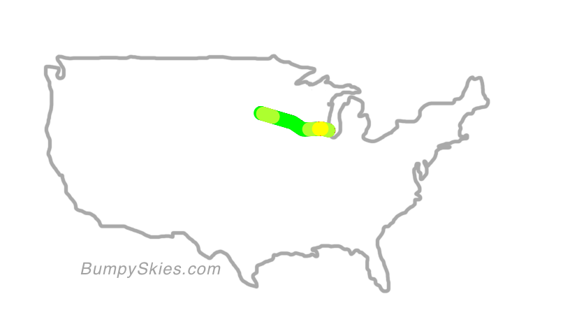 Map of continental US with illustrated flight path and turbulence forecast (described in text below)