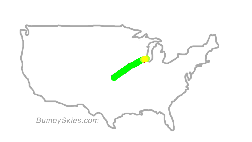 Map of continental US with illustrated flight path and turbulence forecast (described in text below)