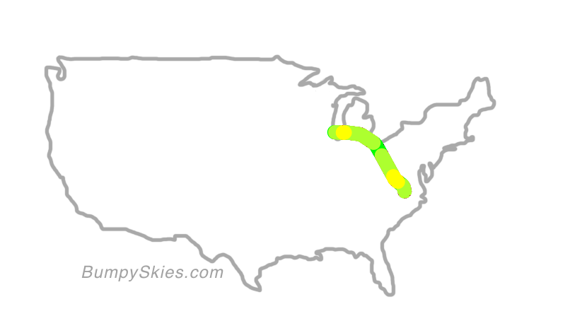 Map of continental US with illustrated flight path and turbulence forecast (described in text below)
