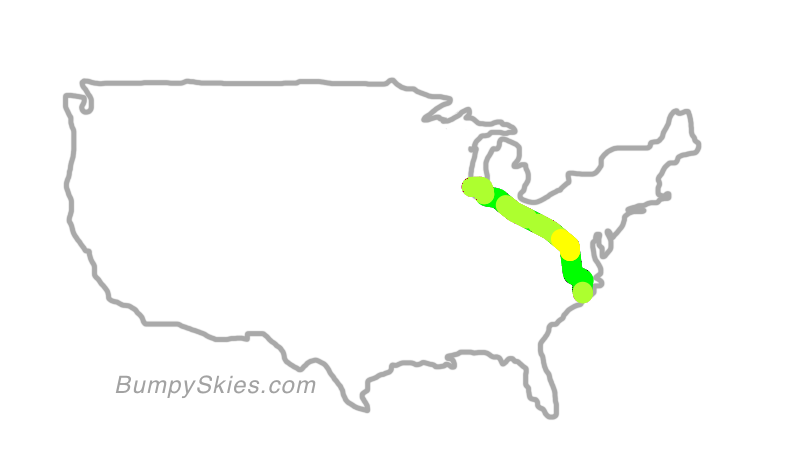 Map of continental US with illustrated flight path and turbulence forecast (described in text below)