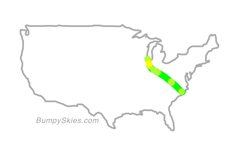 Map of continental US with illustrated flight path and turbulence forecast (described in text below)