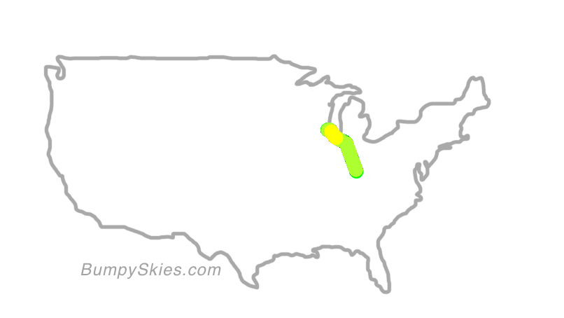 Map of continental US with illustrated flight path and turbulence forecast (described in text below)